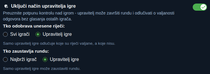 Postavka: način domaćina igre
